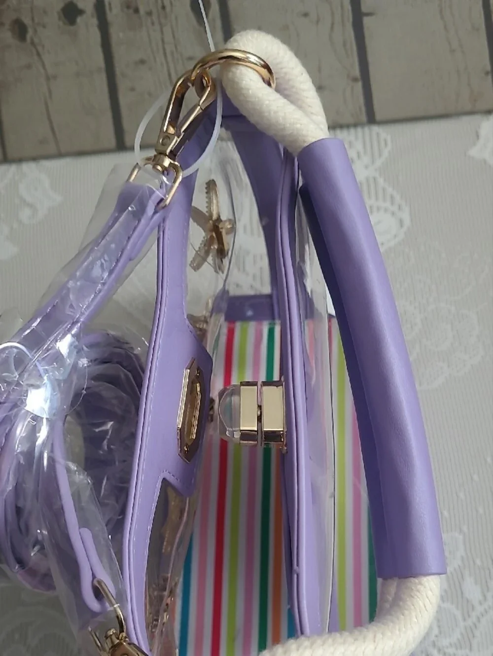 Women’s Clear Purple Beach Phone Case Crossbody with Gold Shell Accents
